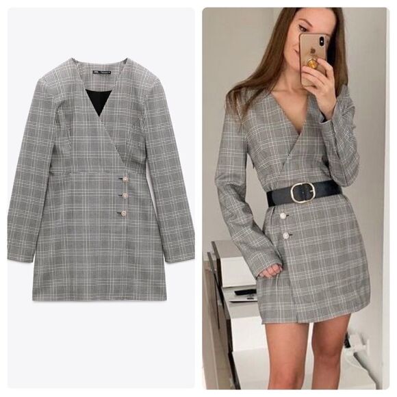 Zara Blazer Dress Plaid Jewel Buttons New - Picture 1 of 7
